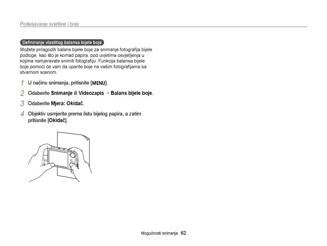 Samsung EC-PL170ZFPBE3, EC-PL170ZBPBE3, EC-PL170ZBPPE3 Odaberite Mjera Okidač, Deﬁniranje vlastitog balansa bijele boje 