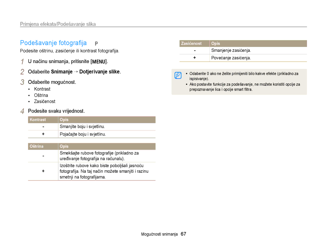 Samsung EC-PL170ZBPBE3 manual Podešavanje fotograﬁja p, Odaberite Snimanje “ Dotjerivanje slike, Podesite svaku vrijednost 