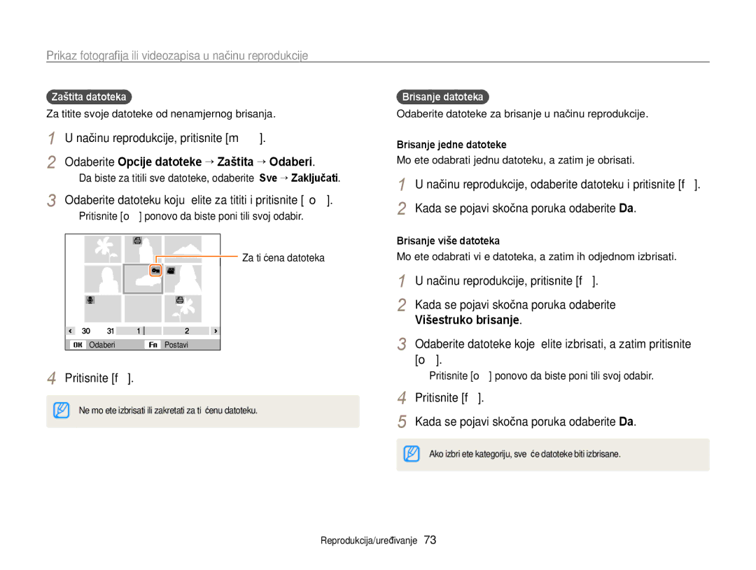 Samsung EC-PL170ZBPSE3, EC-PL170ZBPBE3, EC-PL170ZBPPE3 Odaberite Opcije datoteke “ Zaštita “ Odaberi, Višestruko brisanje 