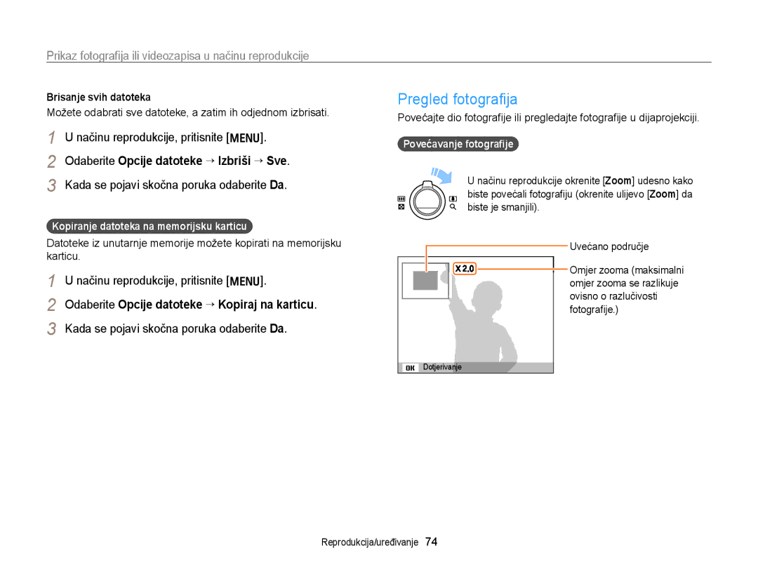 Samsung EC-PL170ZFPBE3 manual Pregled fotograﬁja, Odaberite Opcije datoteke “ Kopiraj na karticu, Brisanje svih datoteka 