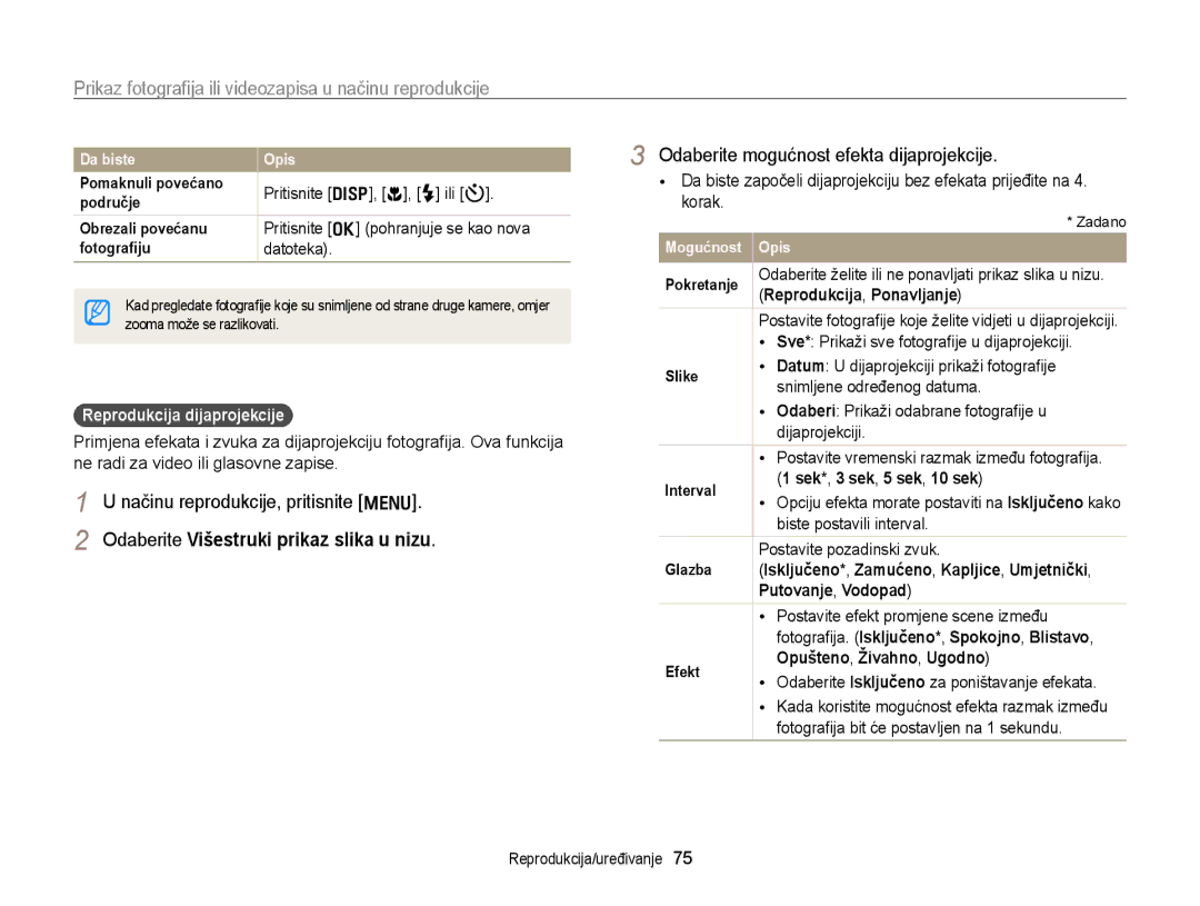 Samsung EC-PL170ZBPBE3, EC-PL170ZBPPE3 manual Odaberite mogućnost efekta dijaprojekcije, Reprodukcija dijaprojekcije 