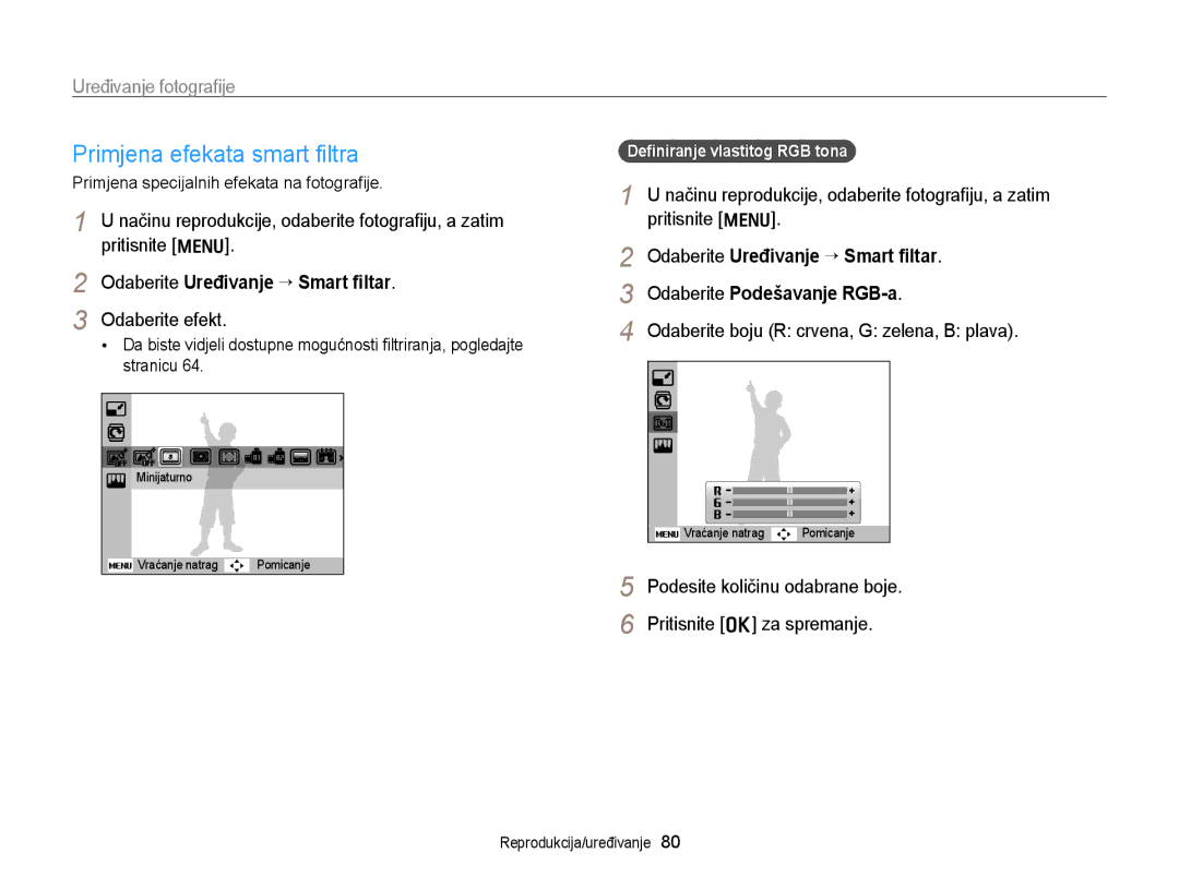 Samsung EC-PL170ZBPPE3 manual Primjena efekata smart ﬁltra, Uređivanje fotograﬁje, Odaberite Uređivanje “ Smart ﬁltar 