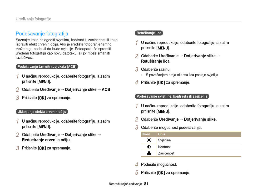 Samsung EC-PL170ZBPSE3, EC-PL170ZBPBE3 Podešavanje fotograﬁja, Odaberite razinu, Odaberite Uređivanje “ Dotjerivanje slike 