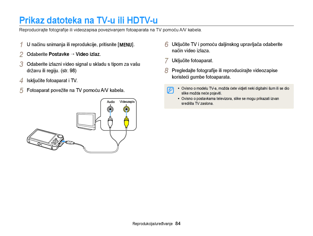 Samsung EC-PL170ZBPPE3, EC-PL170ZBPBE3 manual Prikaz datoteka na TV-u ili HDTV-u, Način video izlaza, Uključite fotoaparat 