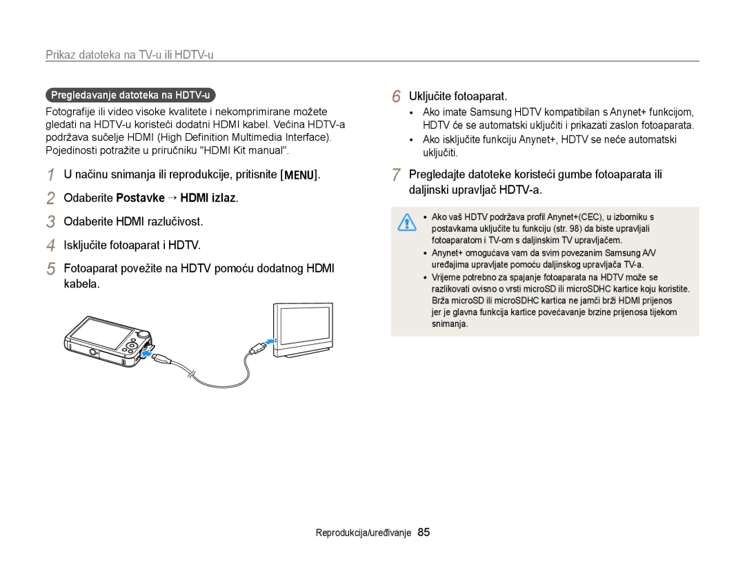 Samsung EC-PL170ZBPSE3, EC-PL170ZBPBE3 Prikaz datoteka na TV-u ili HDTV-u, Načinu snimanja ili reprodukcije, pritisnite m 