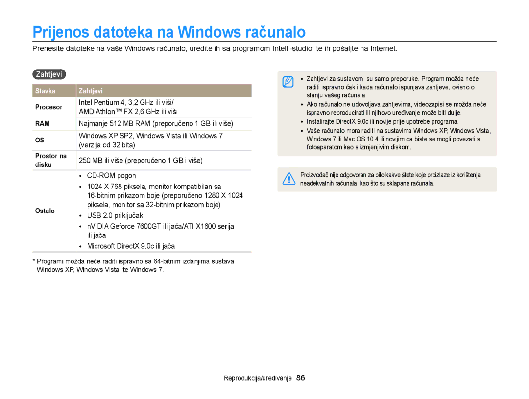 Samsung EC-PL170ZFPBE3, EC-PL170ZBPBE3, EC-PL170ZBPPE3, EC-PL170ZBPSE3 manual Prijenos datoteka na Windows računalo, Zahtjevi 