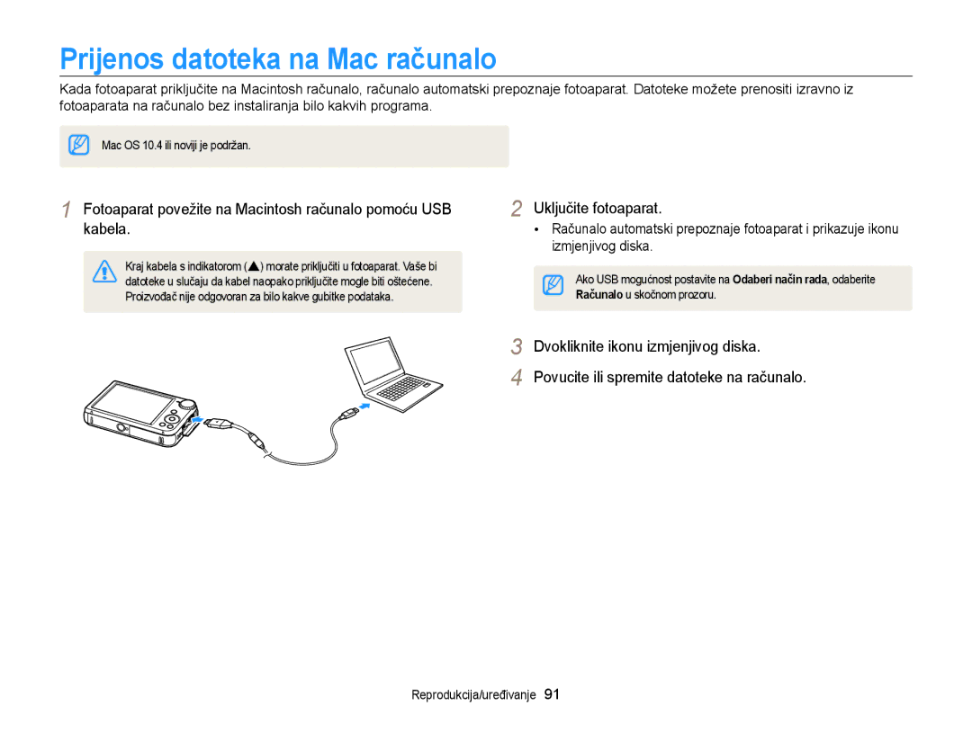 Samsung EC-PL170ZBPBE3 Prijenos datoteka na Mac računalo, Fotoaparat povežite na Macintosh računalo pomoću USB kabela 