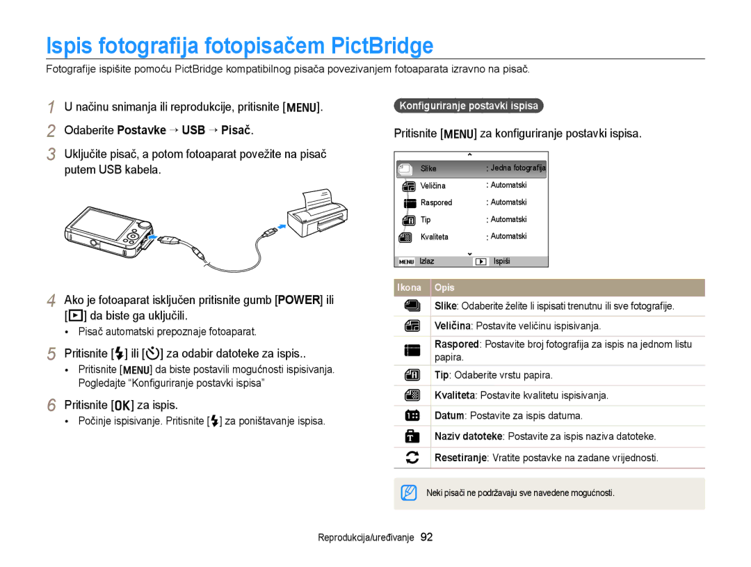 Samsung EC-PL170ZBPPE3, EC-PL170ZBPBE3 manual Ispis fotograﬁja fotopisačem PictBridge, Konﬁguriranje postavki ispisa 