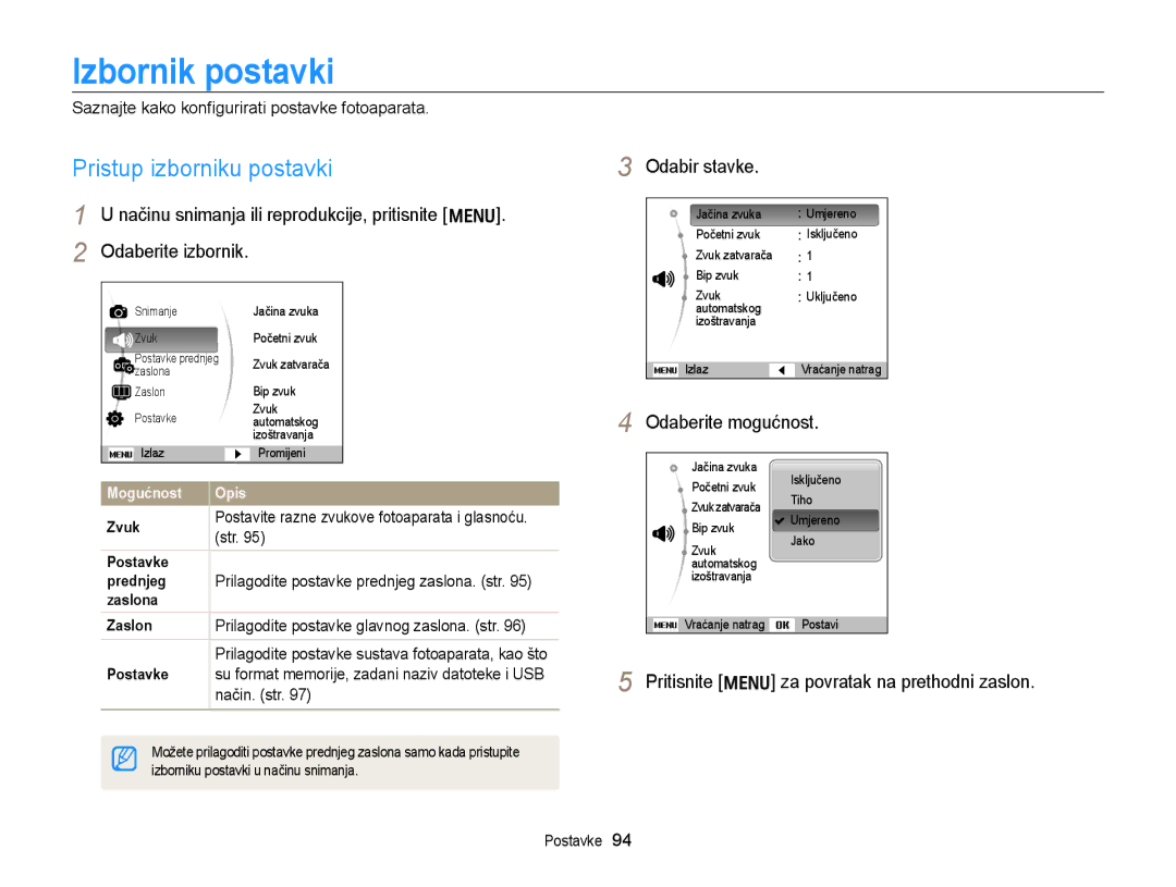 Samsung EC-PL170ZFPBE3, EC-PL170ZBPBE3, EC-PL170ZBPPE3 manual Izbornik postavki, Pristup izborniku postavki, Odabir stavke 