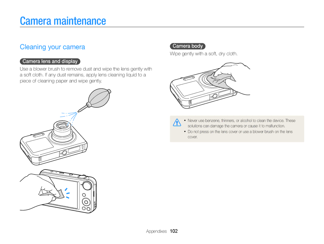 Samsung EC-PL170ZBPLE1, EC-PL170ZFPBE1 manual Camera maintenance, Cleaning your camera, Camera lens and display, Camera body 