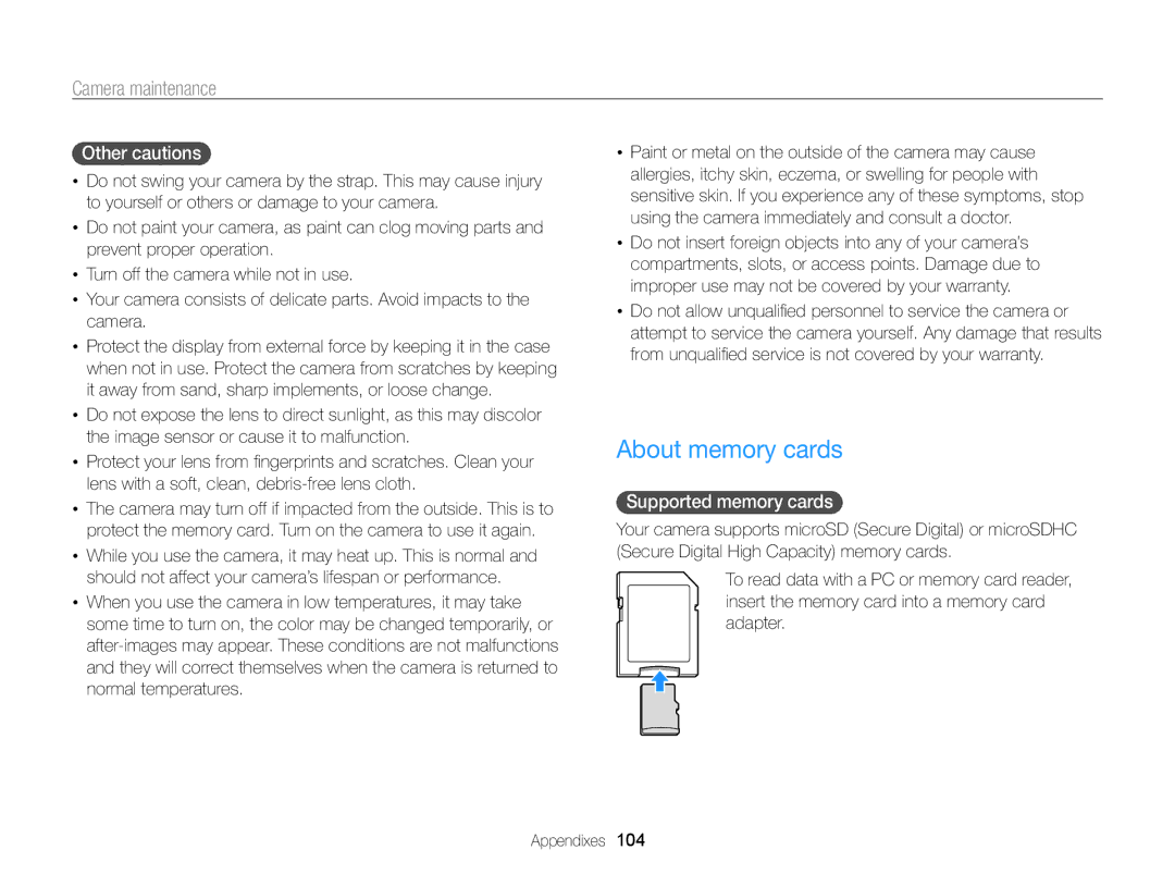 Samsung EC-PL170ZFPPE1, EC-PL170ZFPBE1, EC-PL170ZBPBE1 manual About memory cards, Other cautions, Supported memory cards 