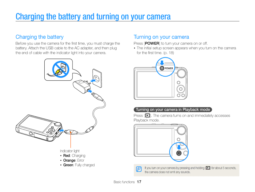 Samsung EC-PL170ZFPSE2, EC-PL170ZFPBE1 manual Charging the battery and turning on your camera, Turning on your camera 