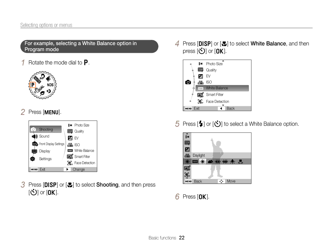 Samsung EC-PL170ZFPSE3, EC-PL170ZFPBE1, EC-PL170ZBPBE1, EC-PL170ZDPBZA, EC-PL170ZFPLE1 manual Selecting options or menus 