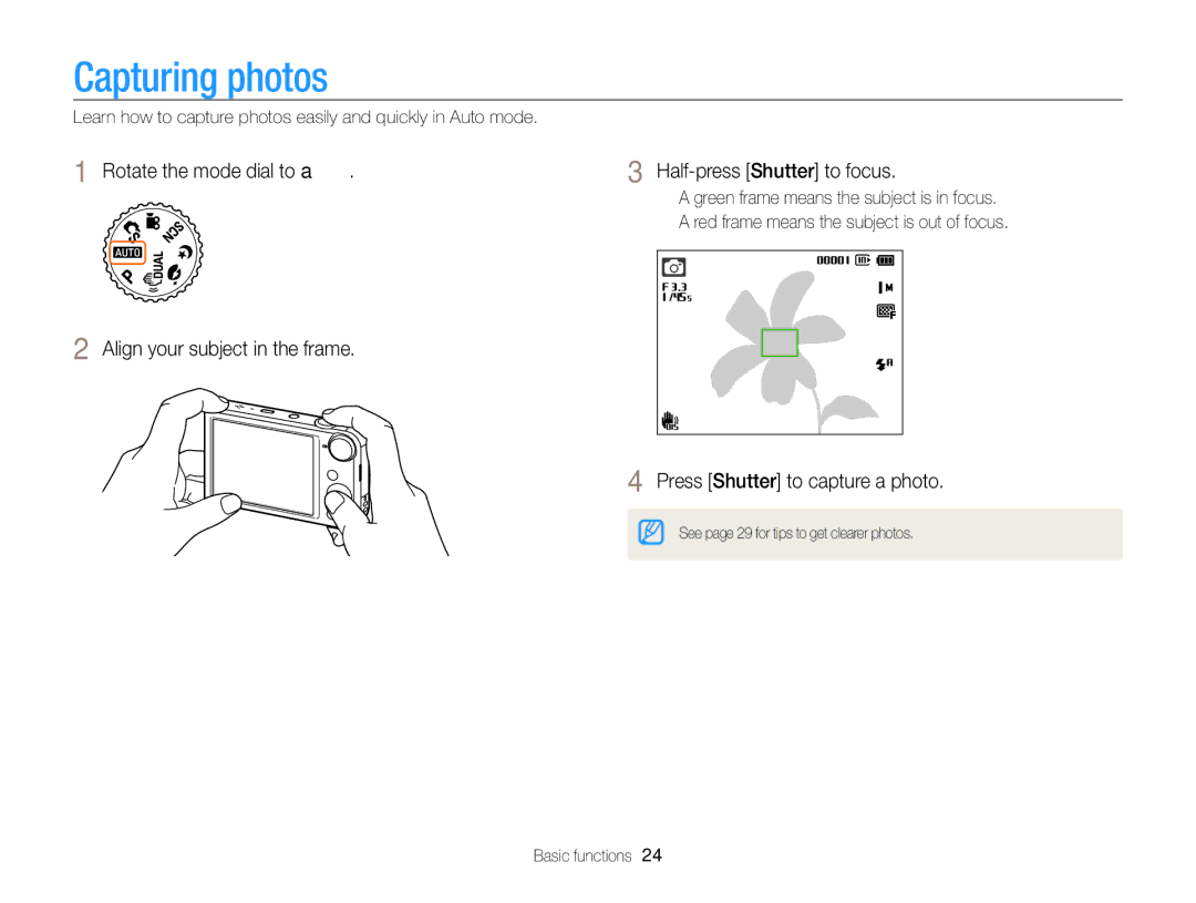 Samsung EC-PL170ZBPBRU, EC-PL170ZFPBE1, EC-PL170ZBPBE1, EC-PL170ZDPBZA Capturing photos, Press Shutter to capture a photo 