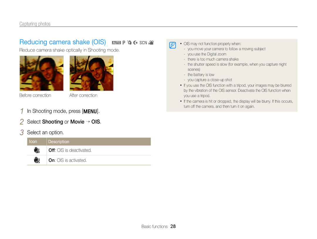 Samsung EC-PL170ZFPSRU Reducing camera shake OIS a p b N s, Icon Description Off OIS is deactivated On OIS is activated 