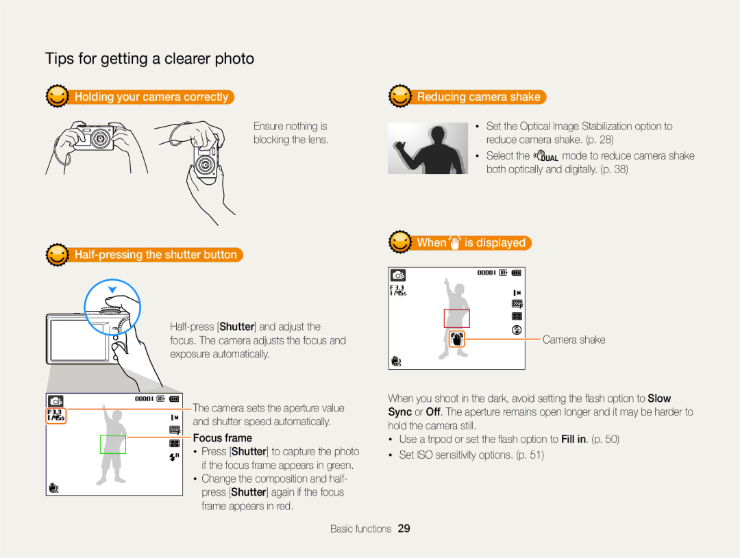 Samsung EC-PL170ZFPPE3 manual Holding your camera correctly Reducing camera shake, Half-pressing the shutter button 