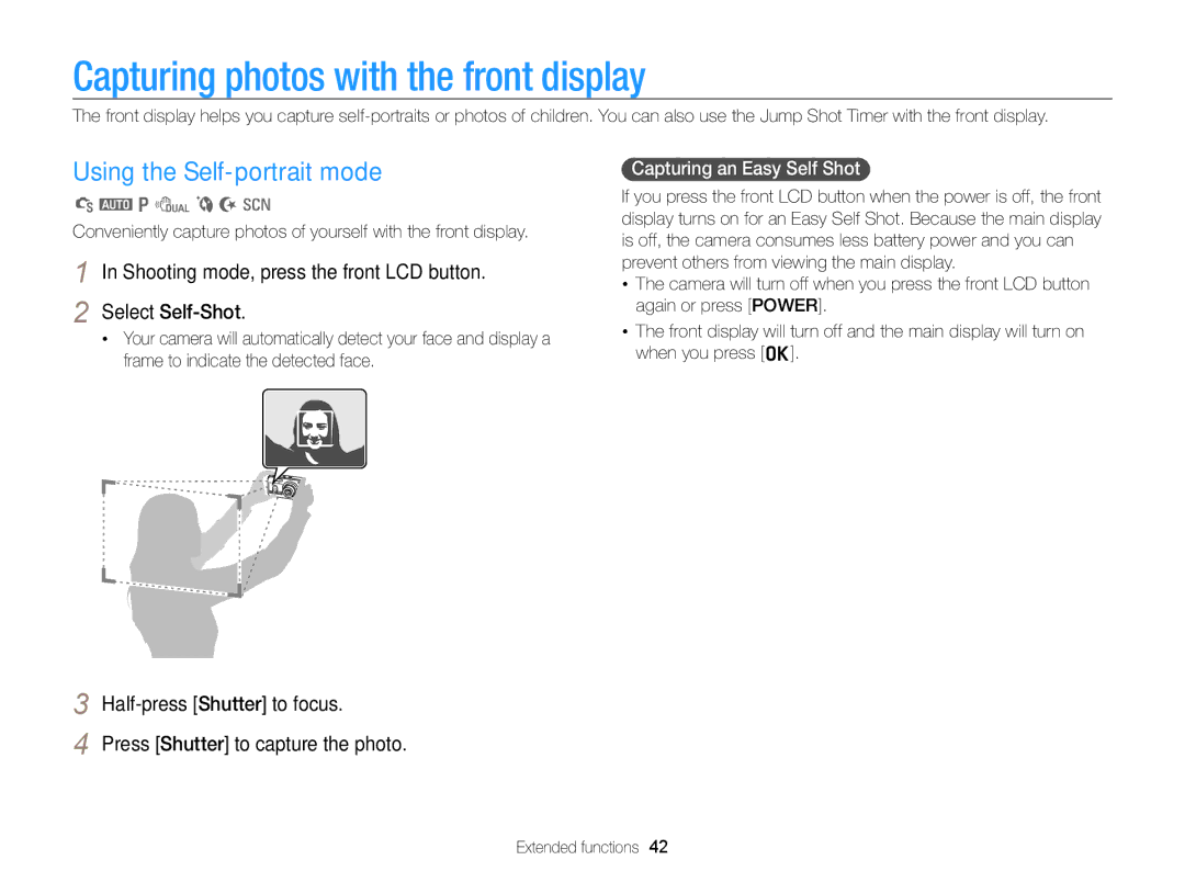 Samsung EC-PL170ZFDBVN Capturing photos with the front display, Using the Self-portrait mode, Capturing an Easy Self Shot 