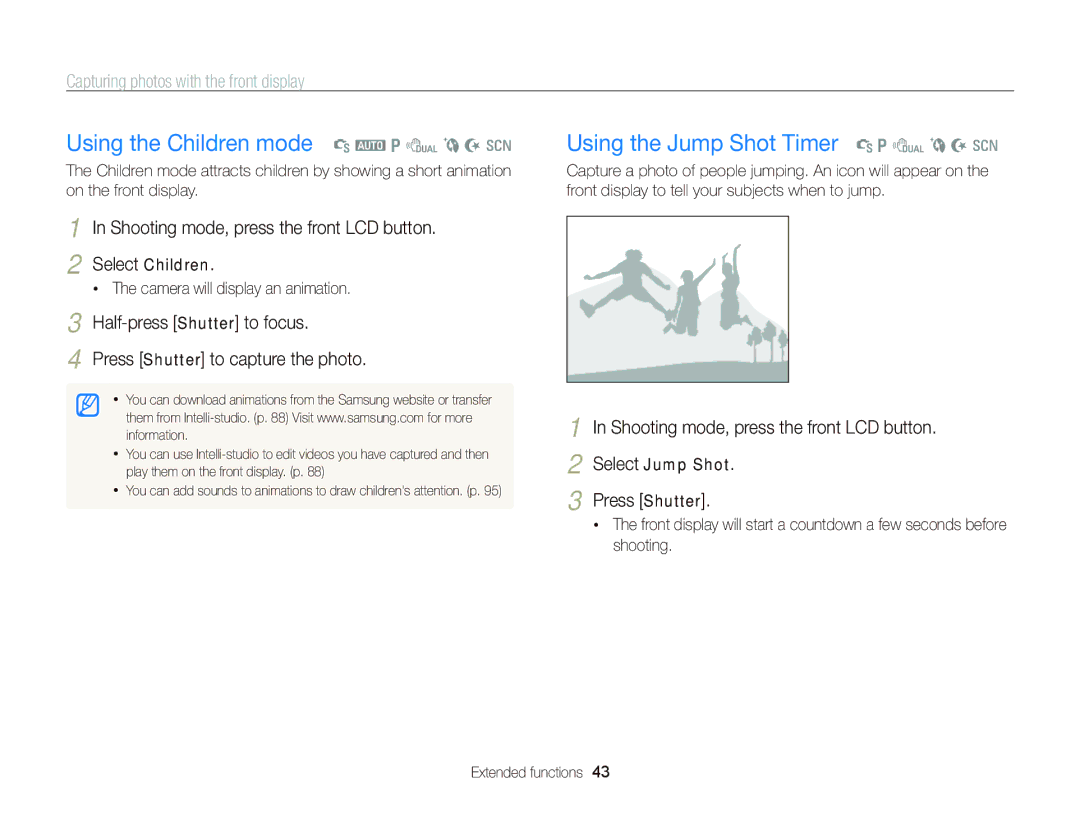 Samsung EC-PL170ZBDBVN, EC-PL170ZFPBE1 manual Using the Children mode S a p d b N s, Using the Jump Shot Timer S p d b N s 