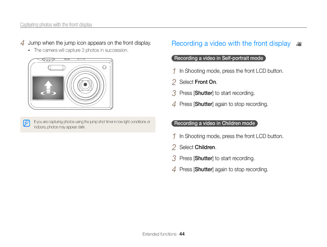 Samsung EC-PL170ZBPBE3 Recording a video with the front display, Jump when the jump icon appears on the front display 