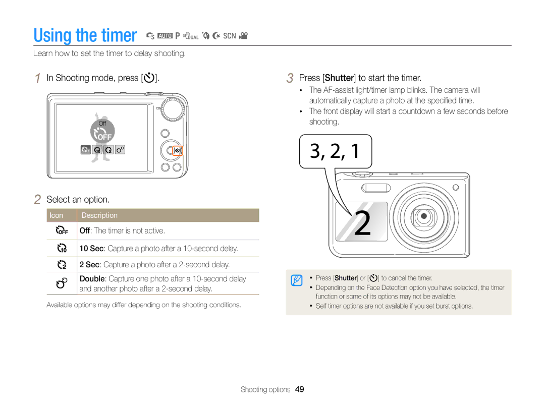 Samsung EC-PL170ZFPLE2 manual Using the timer S a p d b N s, Shooting mode, press t, Press Shutter to start the timer 