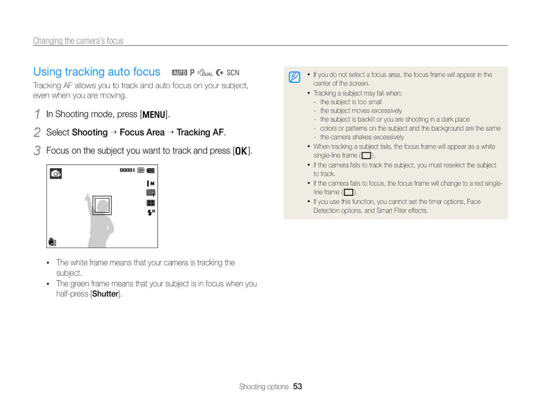 Samsung EC-PL170ZFPLE3, EC-PL170ZFPBE1, EC-PL170ZBPBE1 Using tracking auto focus a p d N s, Changing the camera’s focus 