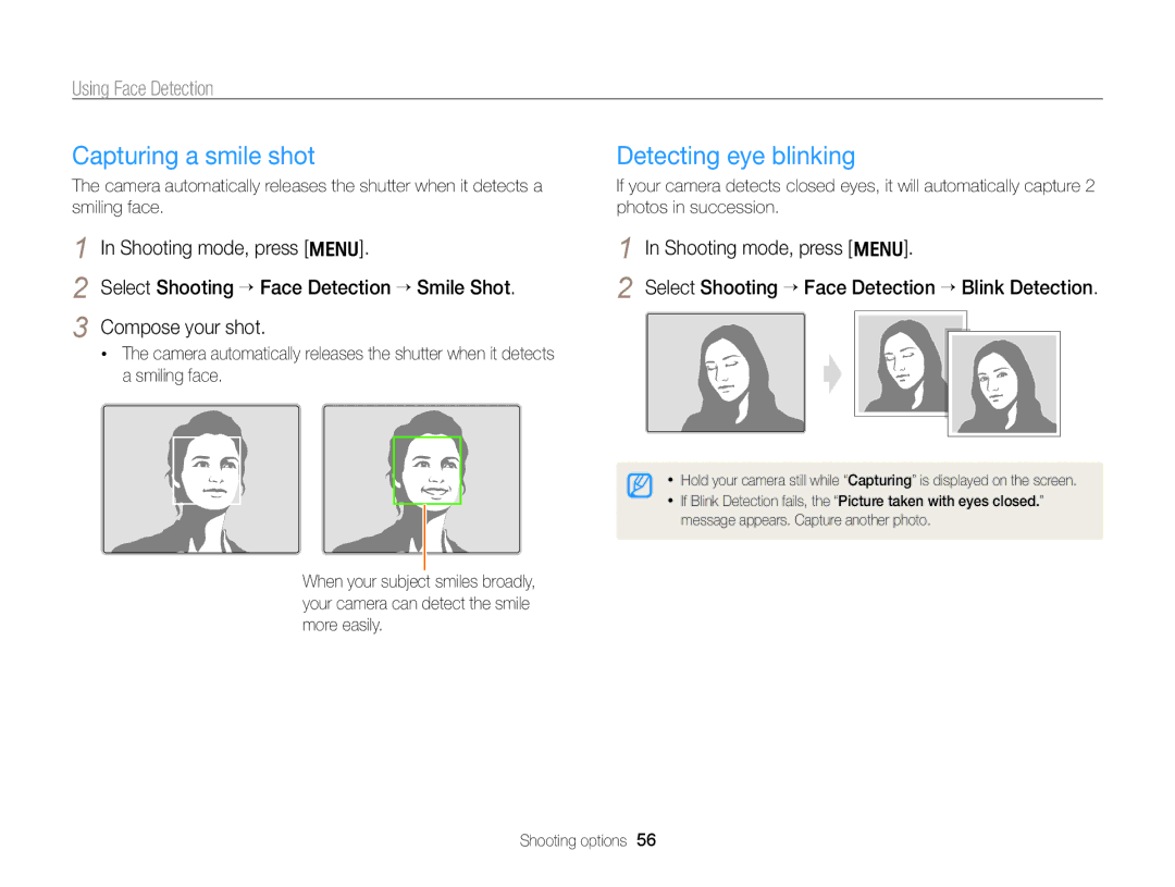 Samsung EC-PL170ZFPLRU, EC-PL170ZFPBE1, EC-PL170ZBPBE1 Capturing a smile shot, Detecting eye blinking, Using Face Detection 