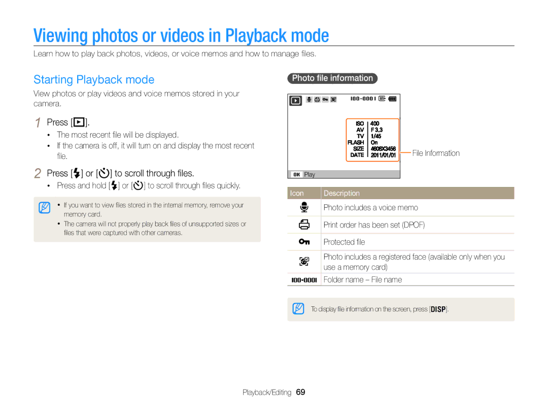 Samsung EC-PL170ZBPLE1 Viewing photos or videos in Playback mode, Starting Playback mode, Press P, Photo ﬁle information 