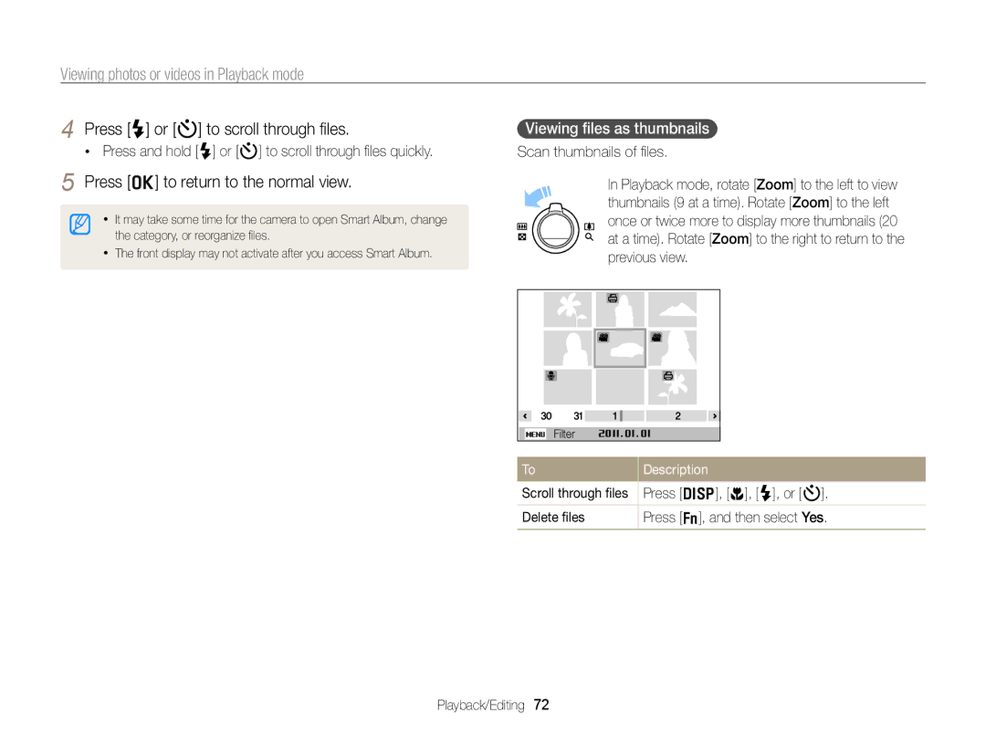 Samsung EC-PL170ZBPSE1, EC-PL170ZFPBE1 Press o to return to the normal view, Viewing ﬁles as thumbnails, ToDescription 