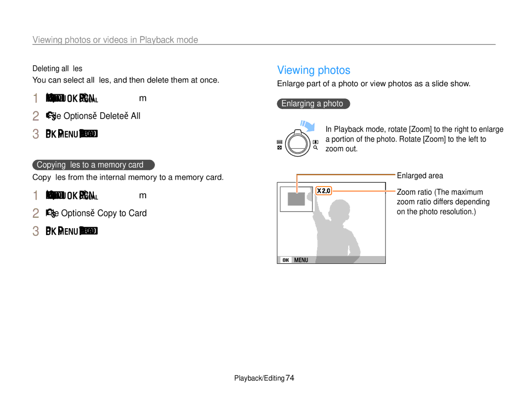 Samsung EC-PL170ZBDSVN, EC-PL170ZFPBE1, EC-PL170ZBPBE1 Viewing photos, Copying ﬁles to a memory card, Enlarging a photo 