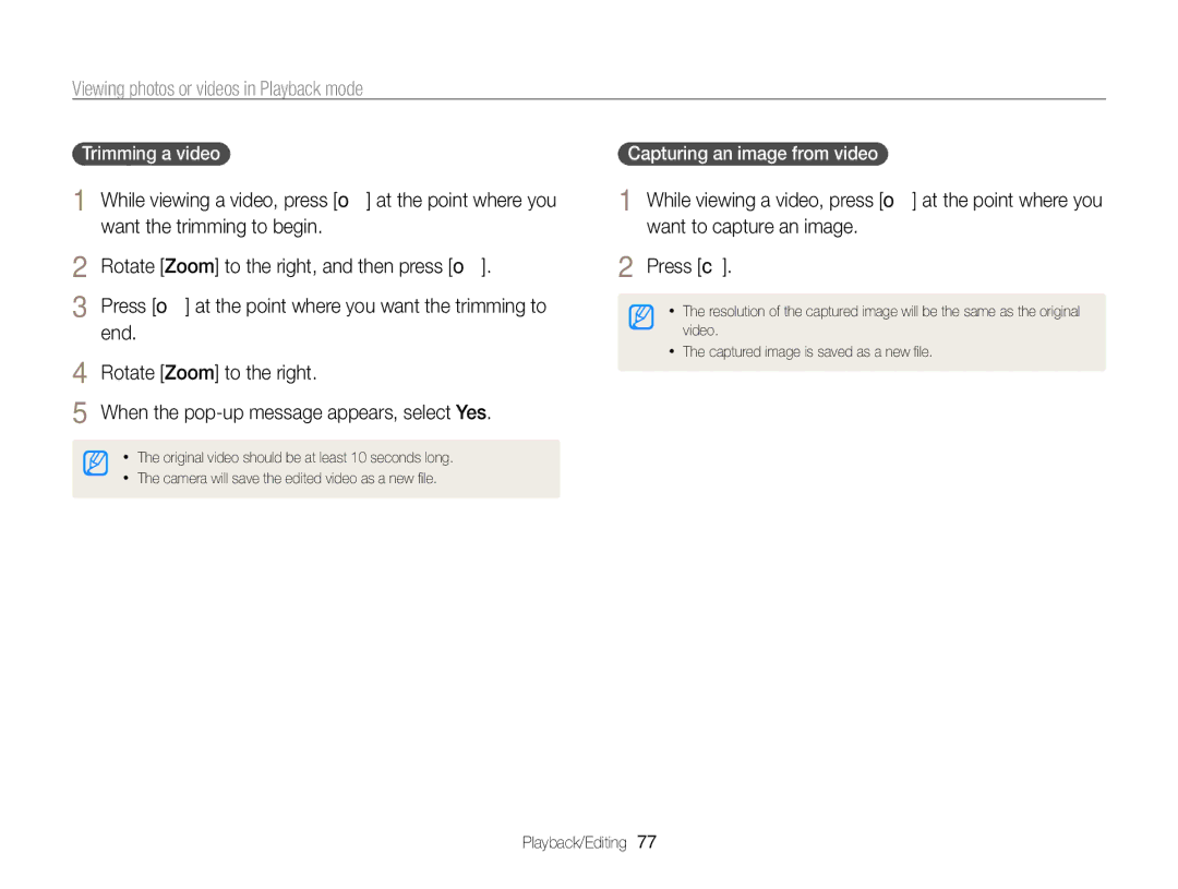 Samsung EC-PL170ZBPBE3, EC-PL170ZFPBE1, EC-PL170ZBPBE1, EC-PL170ZDPBZA manual Trimming a video, Capturing an image from video 