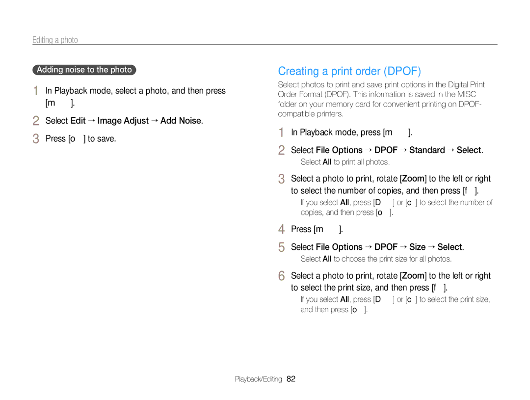 Samsung EC-PL170ZFPLE2, EC-PL170ZFPBE1 Creating a print order Dpof, Press m Select File Options “ Dpof “ Size “ Select 