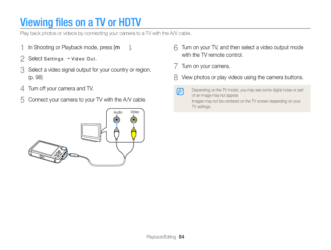 Samsung EC-PL170ZFPBE2, EC-PL170ZFPBE1, EC-PL170ZBPBE1, EC-PL170ZDPBZA, EC-PL170ZFPLE1 manual Viewing ﬁles on a TV or Hdtv 