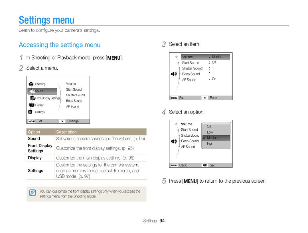 Samsung EC-PL170ZFPSRU manual Settings menu, Accessing the settings menu, Shooting or Playback mode, press m Select a menu 