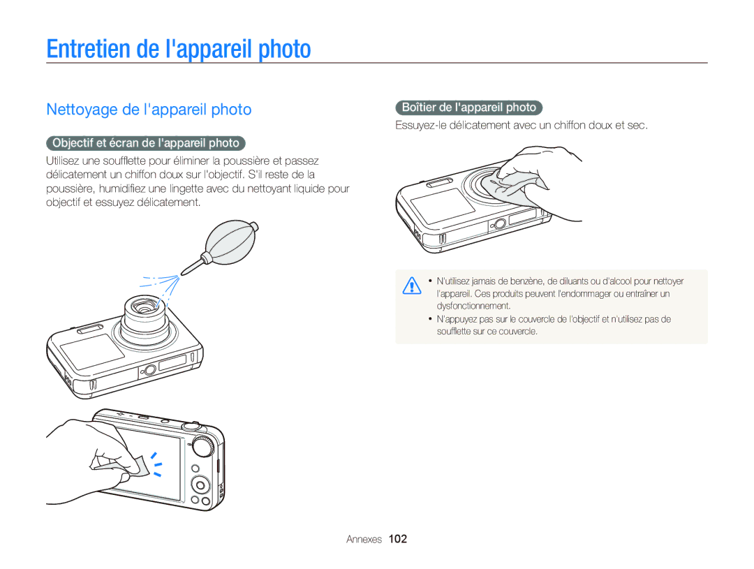 Samsung EC-PL170ZBPBE1 Entretien de lappareil photo, Nettoyage de lappareil photo, Objectif et écran de lappareil photo 