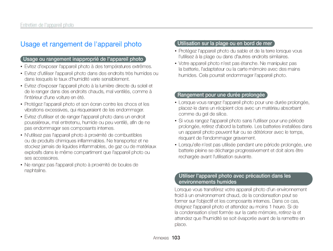 Samsung EC-PL170ZDPBZA, EC-PL170ZFPBE1, EC-PL170ZBPBE1 Usage et rangement de lappareil photo, Entretien de lappareil photo 