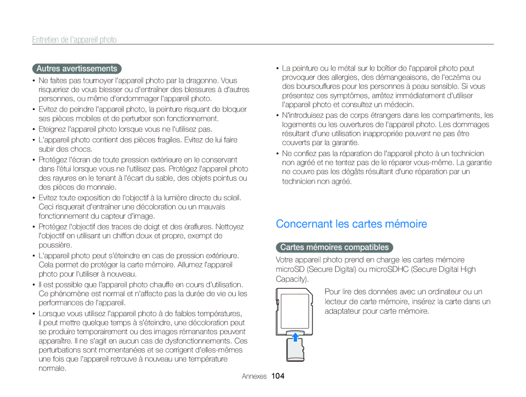 Samsung EC-PL170ZFPBE1, EC-PL170ZBPBE1 Concernant les cartes mémoire, Autres avertissements, Cartes mémoires compatibles 