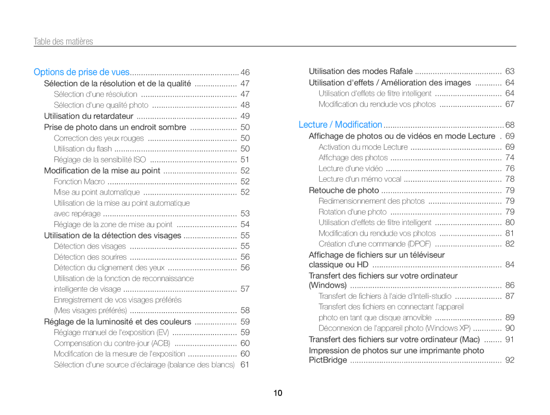 Samsung EC-PL170ZDPBZA, EC-PL170ZFPBE1, EC-PL170ZBPBE1 manual Table des matières, Prise de photo dans un endroit sombre 