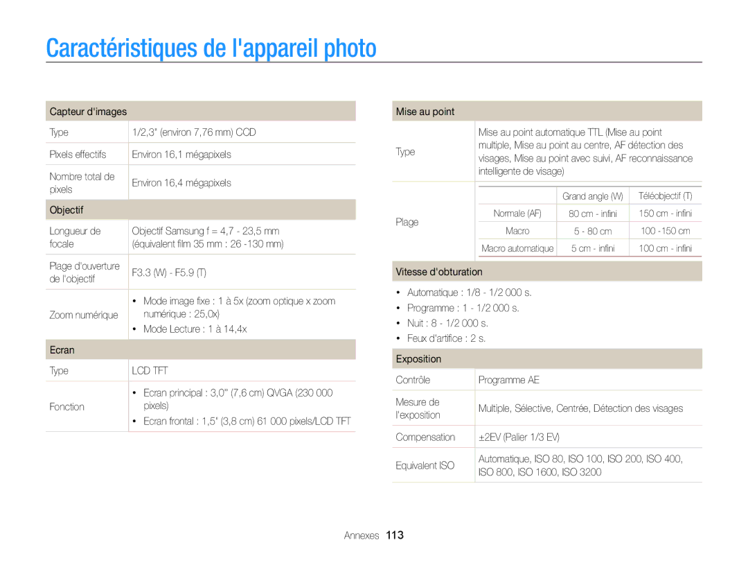 Samsung EC-PL170ZFPBE1, EC-PL170ZBPBE1, EC-PL170ZDPBZA manual Caractéristiques de lappareil photo 