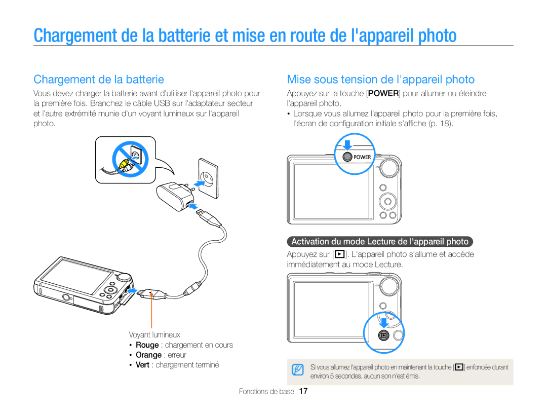 Samsung EC-PL170ZFPBE1, EC-PL170ZBPBE1, EC-PL170ZDPBZA manual Chargement de la batterie, Mise sous tension de lappareil photo 