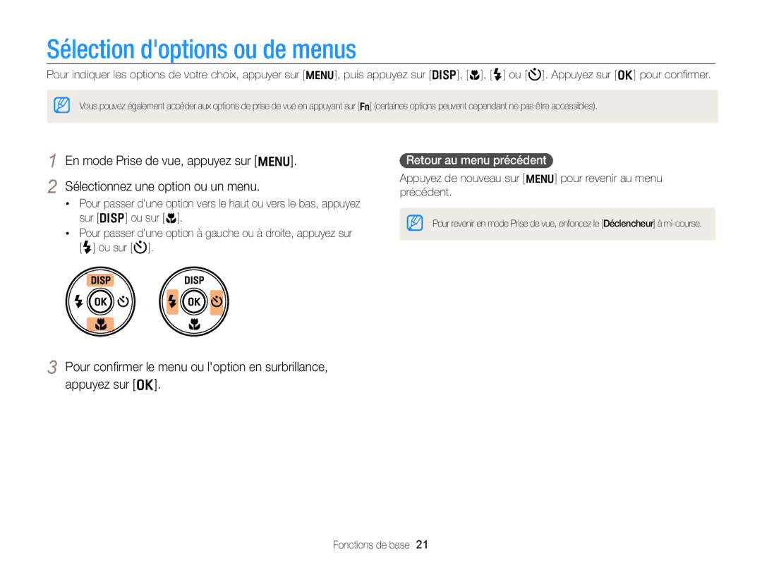 Samsung EC-PL170ZBPBE1 manual Sélection doptions ou de menus, Sélectionnez une option ou un menu, Retour au menu précédent 