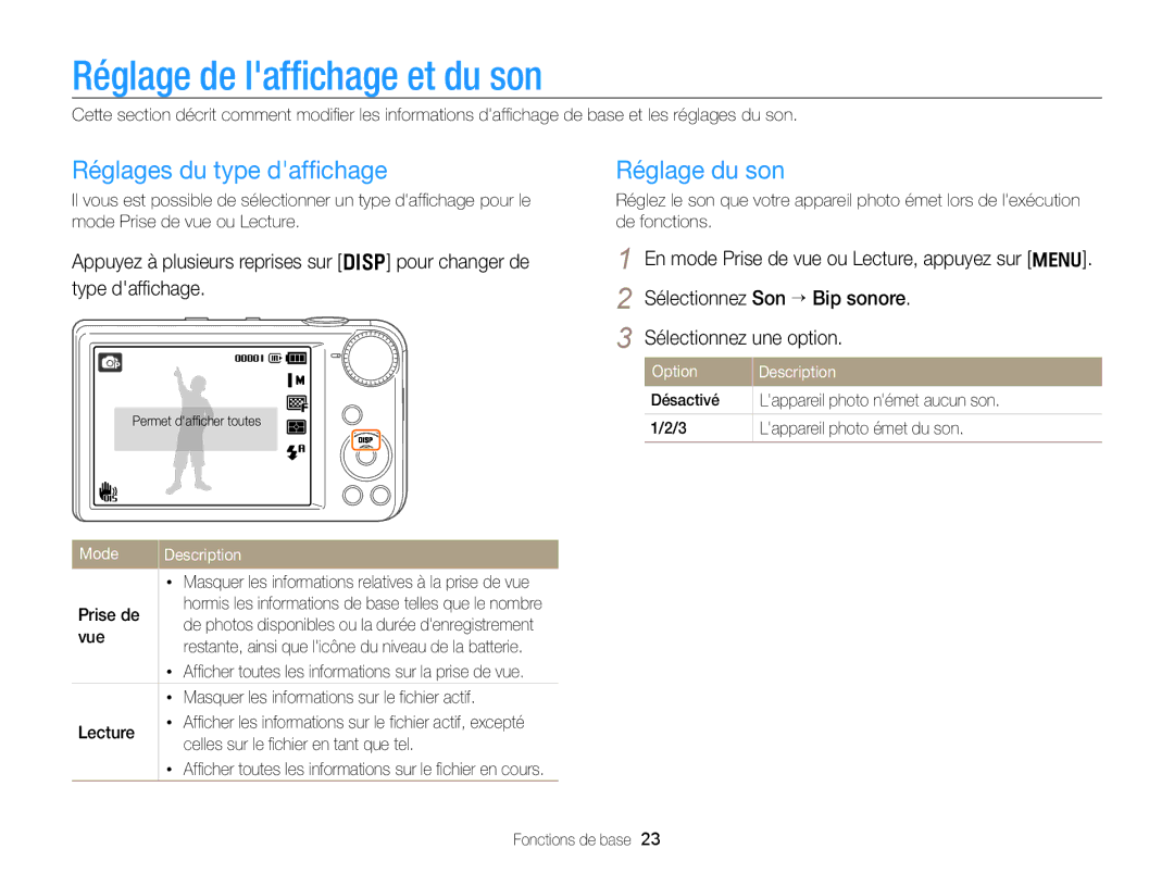 Samsung EC-PL170ZFPBE1, EC-PL170ZBPBE1 manual Réglage de lafﬁchage et du son, Réglages du type dafﬁchage, Réglage du son 