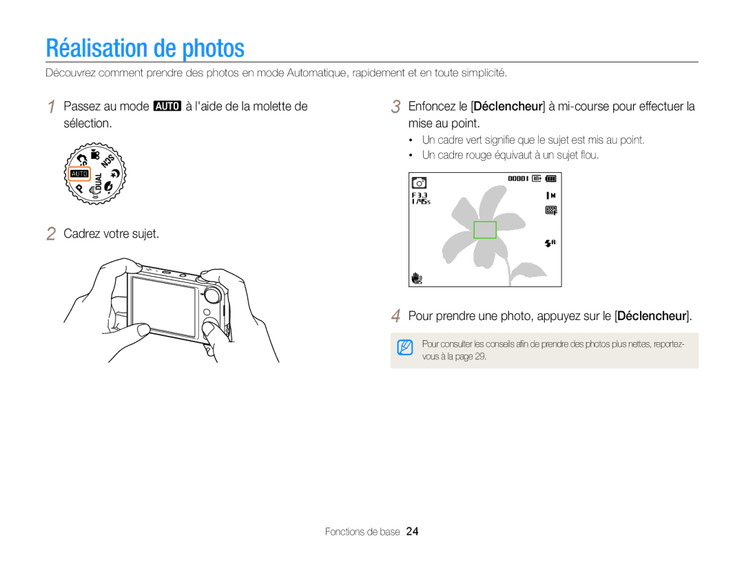 Samsung EC-PL170ZBPBE1 manual Réalisation de photos, Passez au mode a à laide de la molette de, Sélection Mise au point 