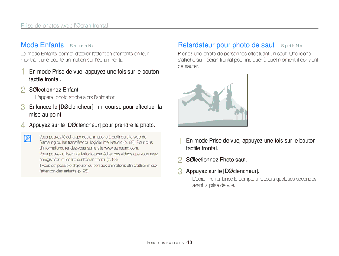 Samsung EC-PL170ZDPBZA, EC-PL170ZFPBE1 manual Mode Enfants S a p d b N s, Retardateur pour photo de saut S p d b N s 