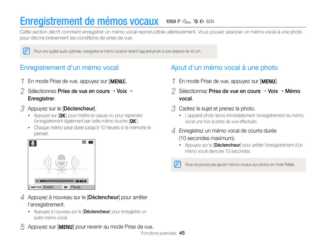 Samsung EC-PL170ZBPBE1, EC-PL170ZFPBE1 manual Enregistrement de mémos vocaux a p d b N s, Enregistrement dun mémo vocal 