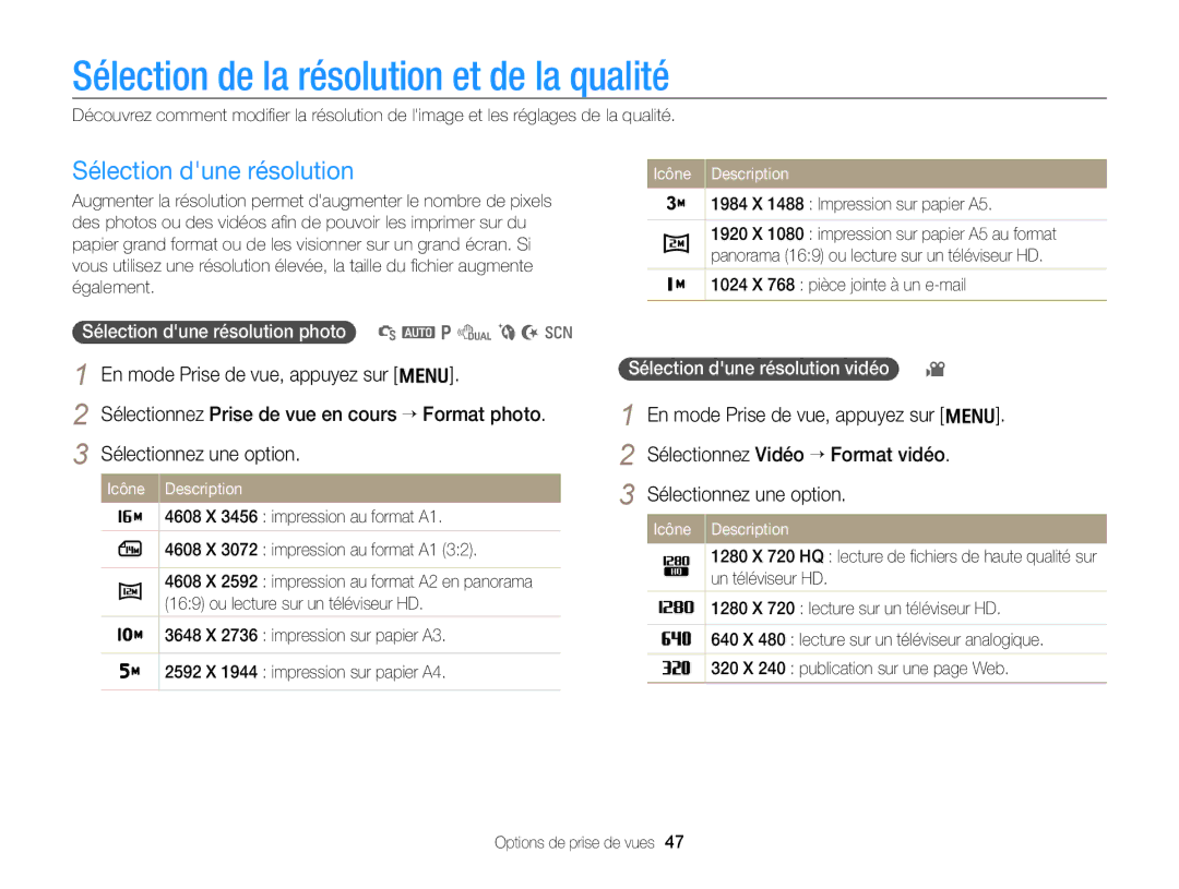 Samsung EC-PL170ZFPBE1, EC-PL170ZBPBE1 manual Sélection de la résolution et de la qualité, Sélection dune résolution 