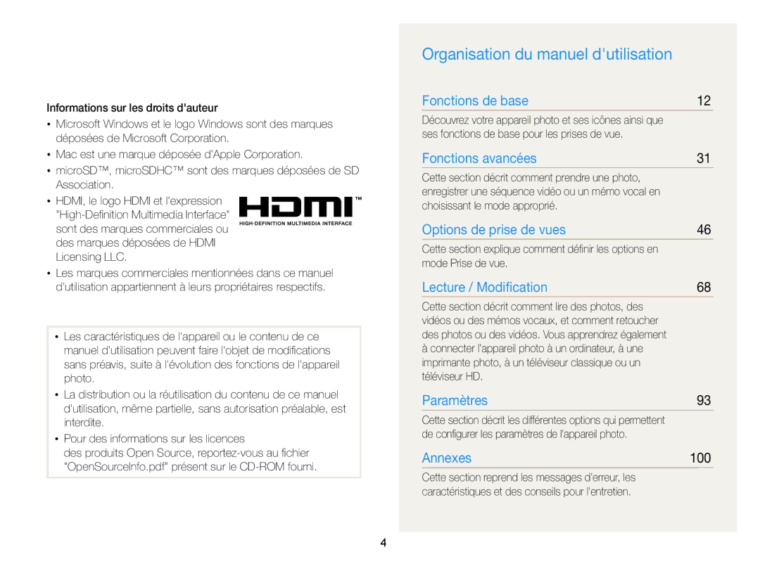 Samsung EC-PL170ZDPBZA, EC-PL170ZFPBE1, EC-PL170ZBPBE1 manual Organisation du manuel dutilisation, 100 