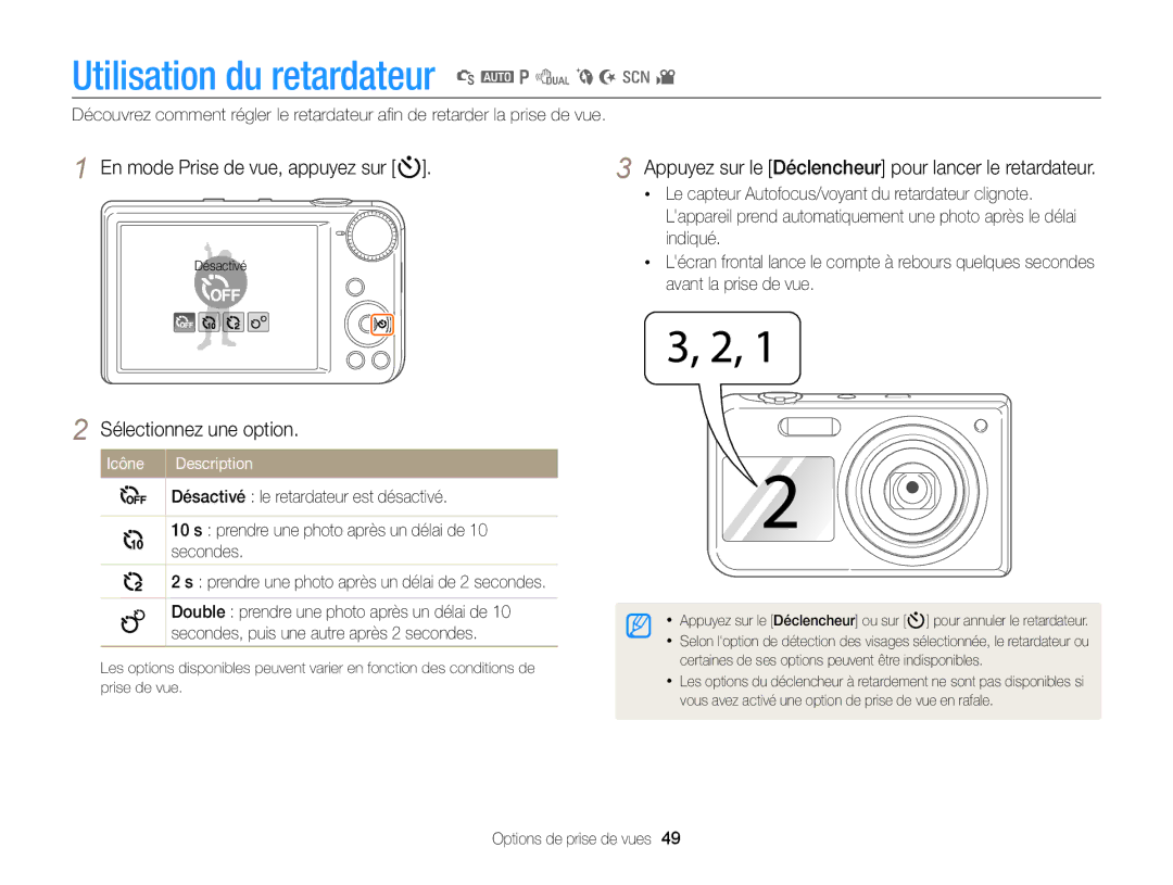 Samsung EC-PL170ZDPBZA, EC-PL170ZFPBE1 manual Utilisation du retardateur S a p d b N s, En mode Prise de vue, appuyez sur t 