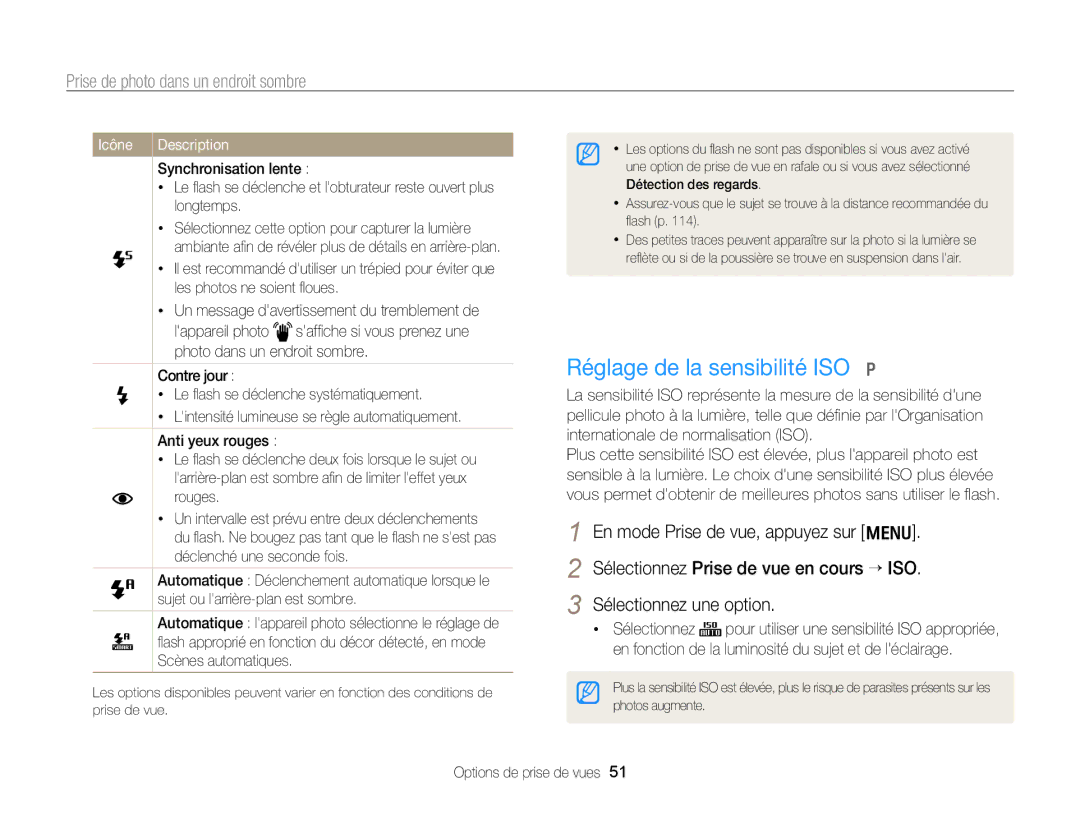 Samsung EC-PL170ZBPBE1, EC-PL170ZFPBE1 manual Réglage de la sensibilité ISO p, Prise de photo dans un endroit sombre 