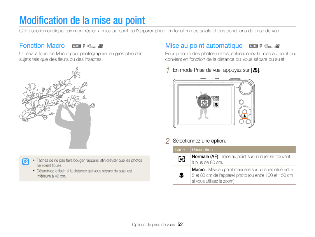 Samsung EC-PL170ZDPBZA manual Modiﬁcation de la mise au point, Fonction Macro a p d Mise au point automatique a p d 