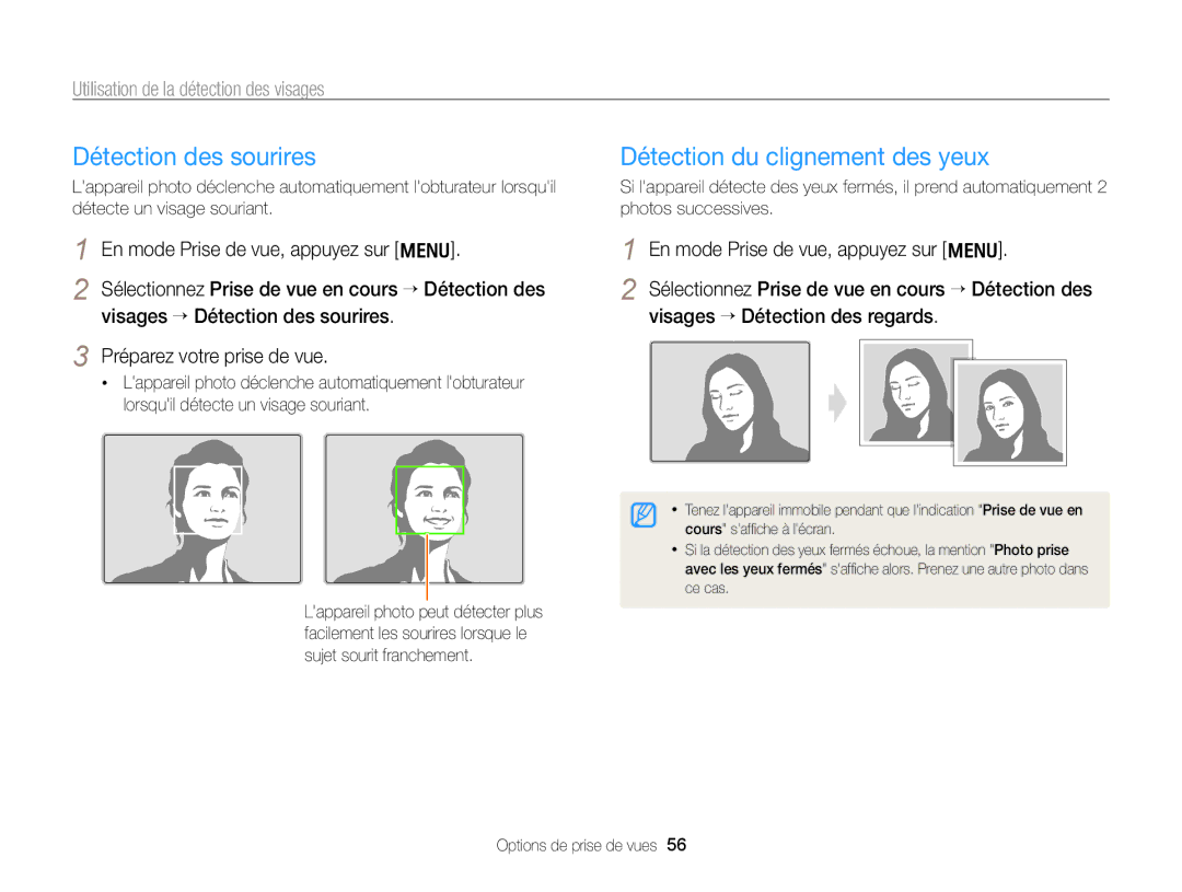 Samsung EC-PL170ZFPBE1 Détection des sourires, Détection du clignement des yeux, Utilisation de la détection des visages 